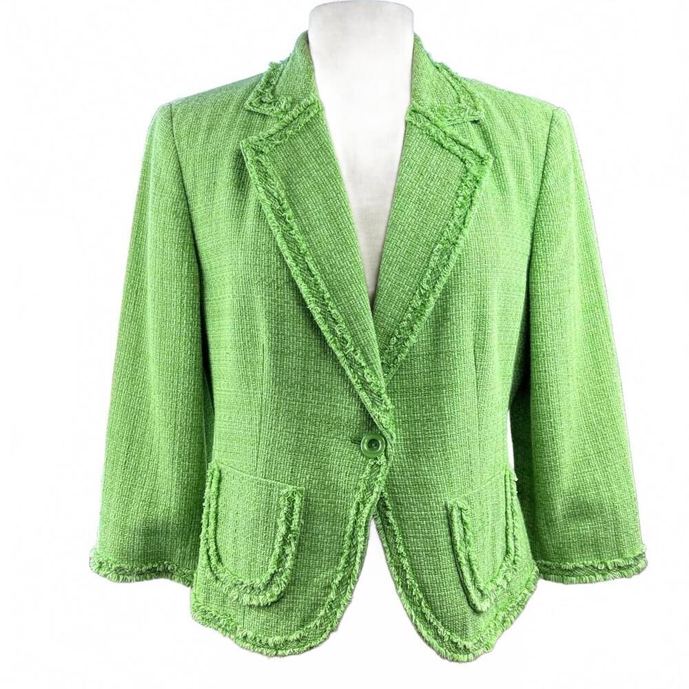 Worthington Women's 14 Bright Green Cropped Blazer Raw Hem Woven Pattern